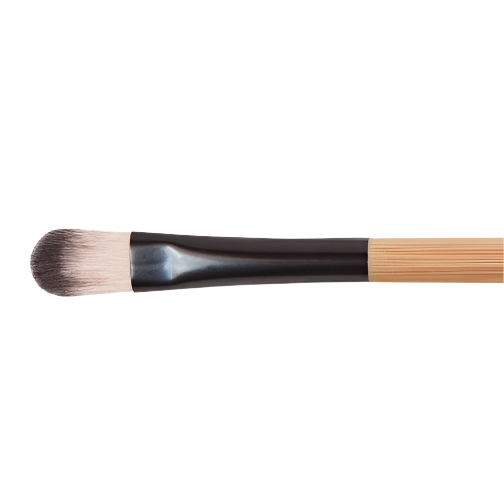 Makeup brush with black and wooden handle on a white background