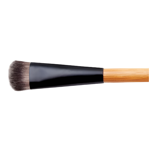 Makeup brush with black ferrule and wooden handle on a white background