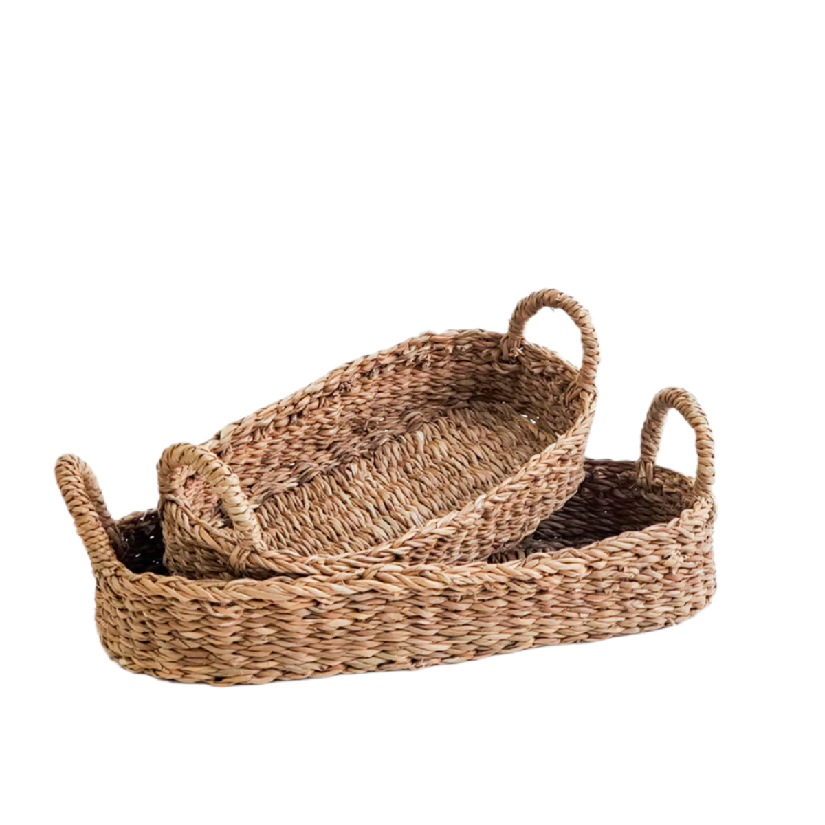 Set of two woven baskets with handles on a white background