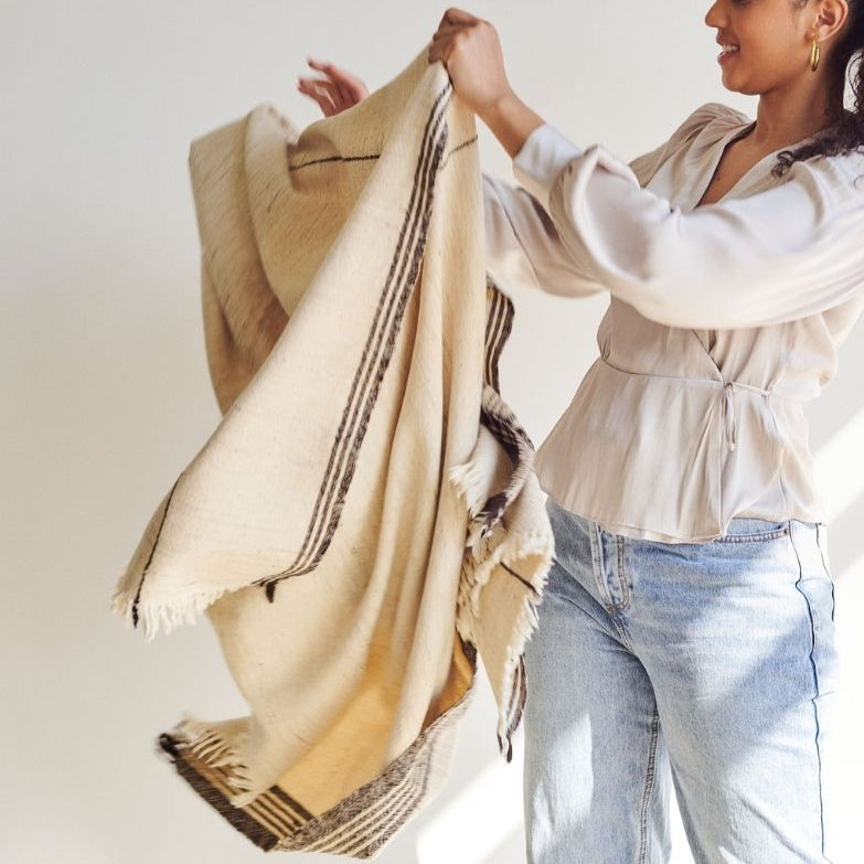 Seytu White  Striped Gently Textured Handloom Throw - Sumiye Co