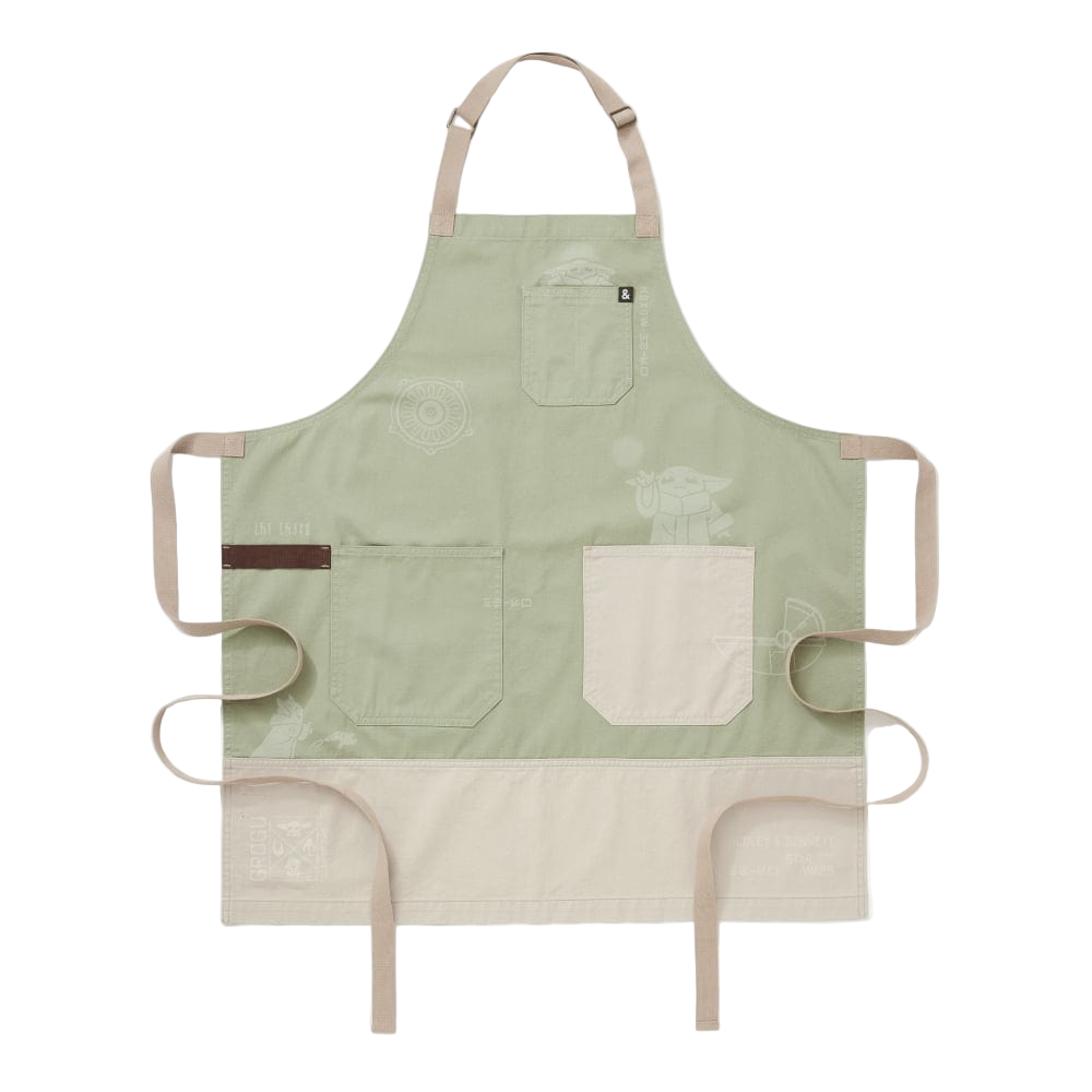 Green apron with beige accents on a white background