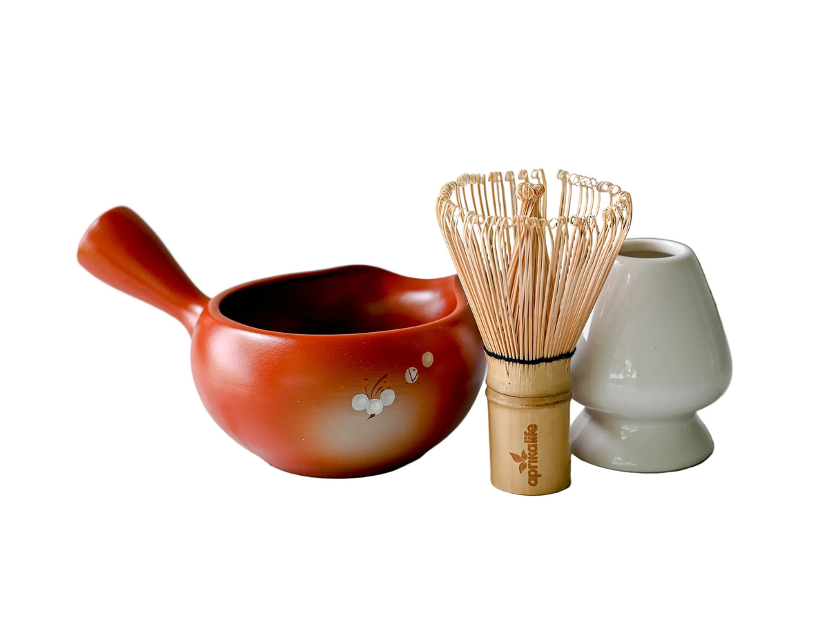 Red Flowers Matcha Spout Bowl With Whisk & Holder Set - Sumiye Co