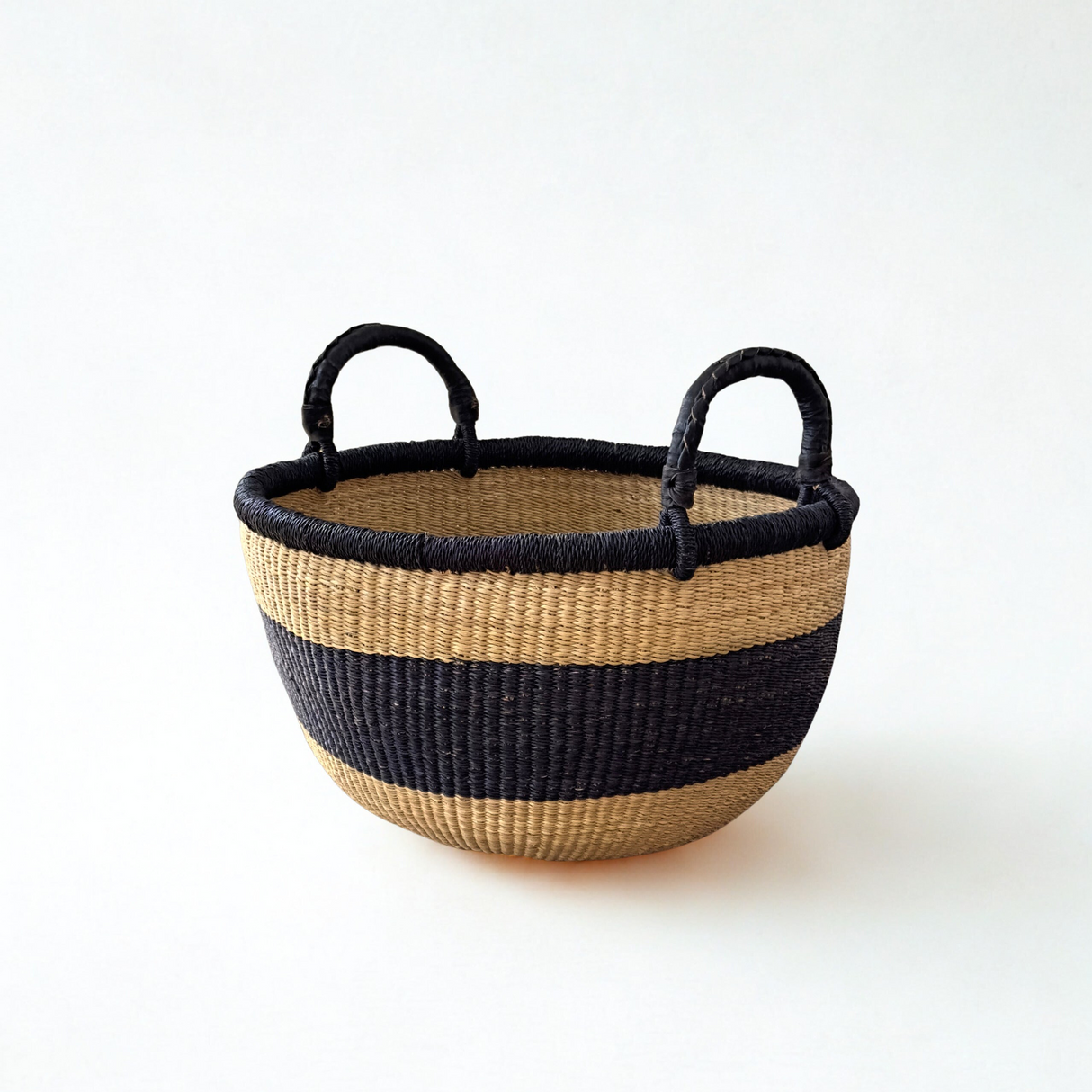 Handwoven Natural & Black Stripe Bolga Basket - Large Round