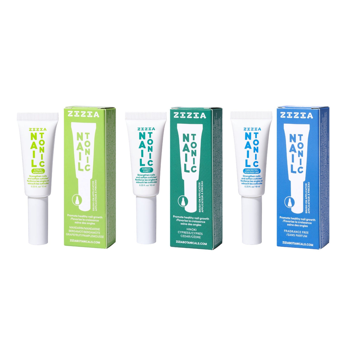 Zizia nail care products including cream tubes and boxes on a white background