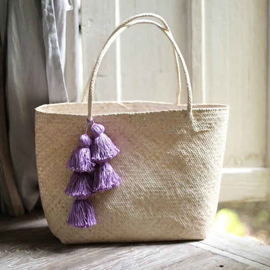 Straw Tote Bag - with Purple Tassels