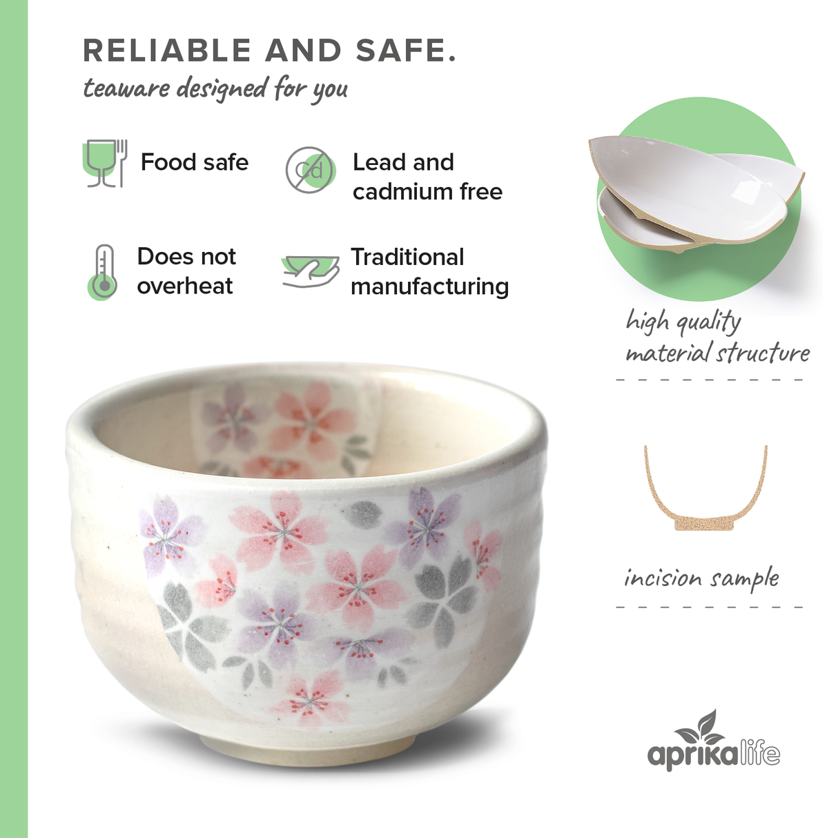 Handcrafted in Japan, the Kohiki Pink Sakura Ceramic Matcha Bowl features a pink floral design, enhanced material structure, and details on safety and quality.