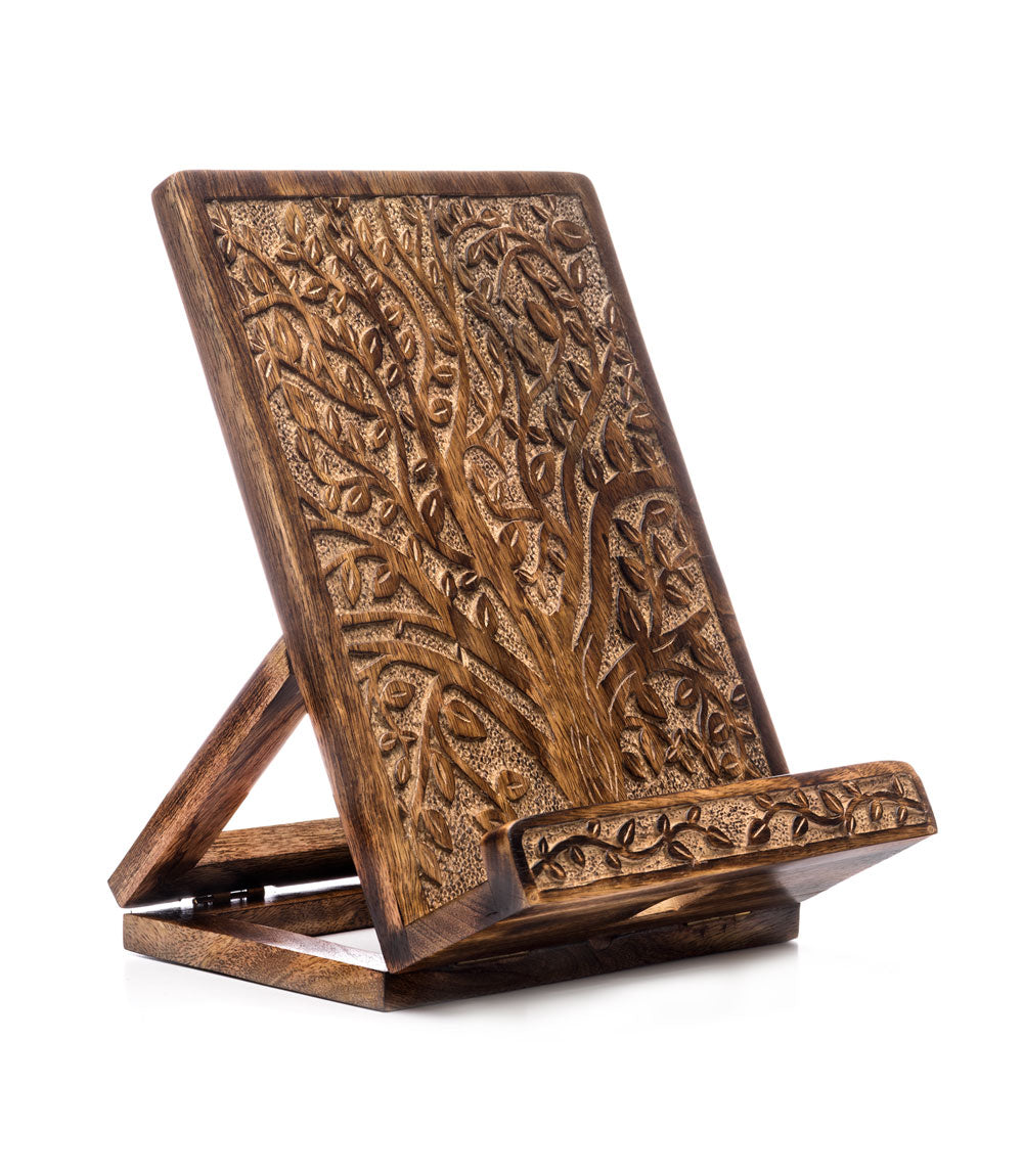 Aranyani Tree of Life Book Holder Tablet Stand - Hand Carved Wood by Matr Boomie - Sumiye Co