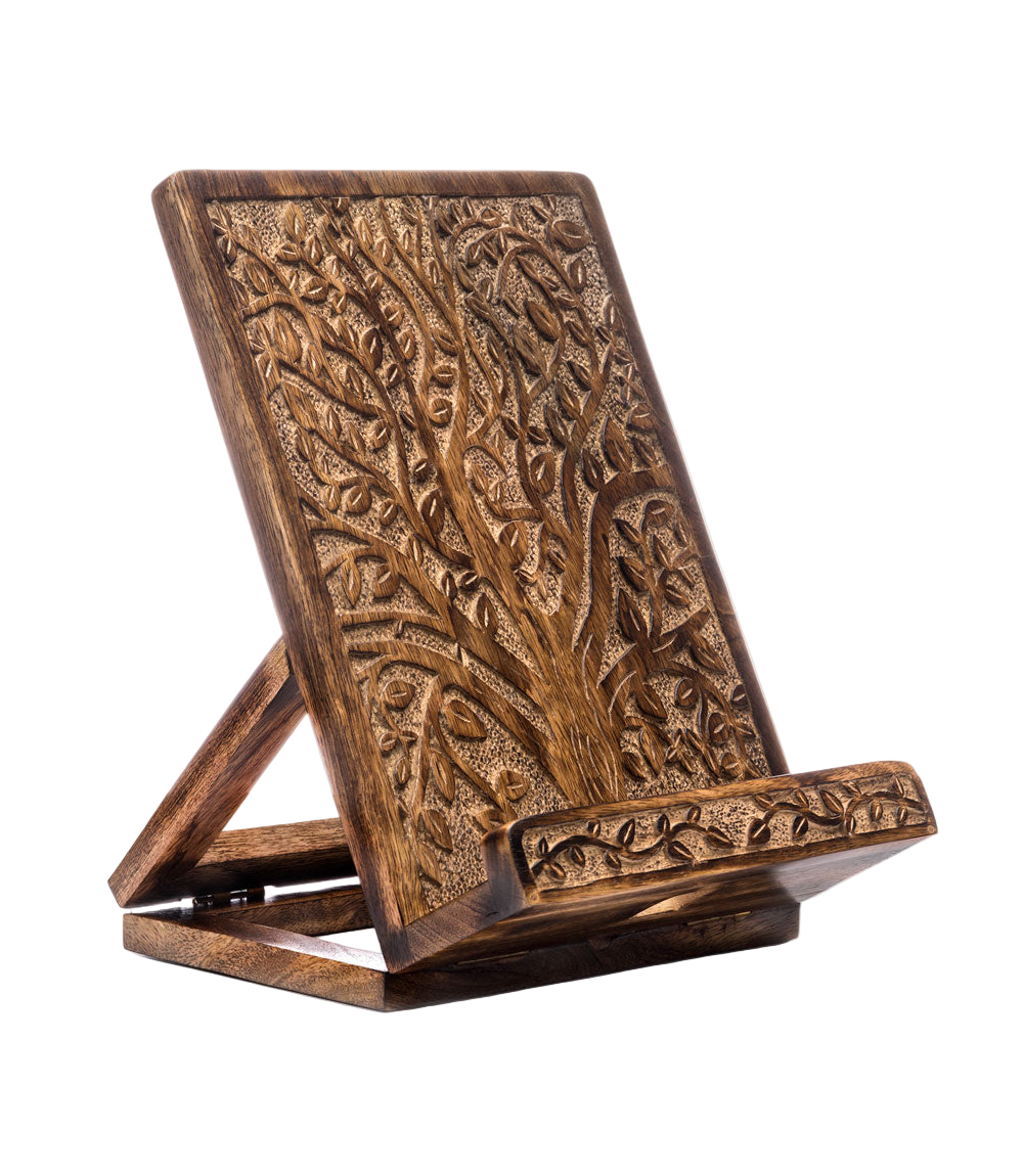 Aranyani Tree of Life Book Holder Tablet Stand - Hand Carved Wood - Sumiye Co