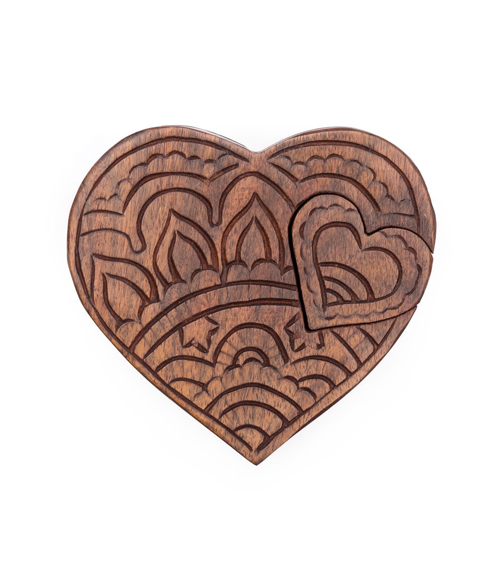 Heart Puzzle Box Jewelry Holder - Hand Carved Wood by Matr Boomie - Sumiye Co