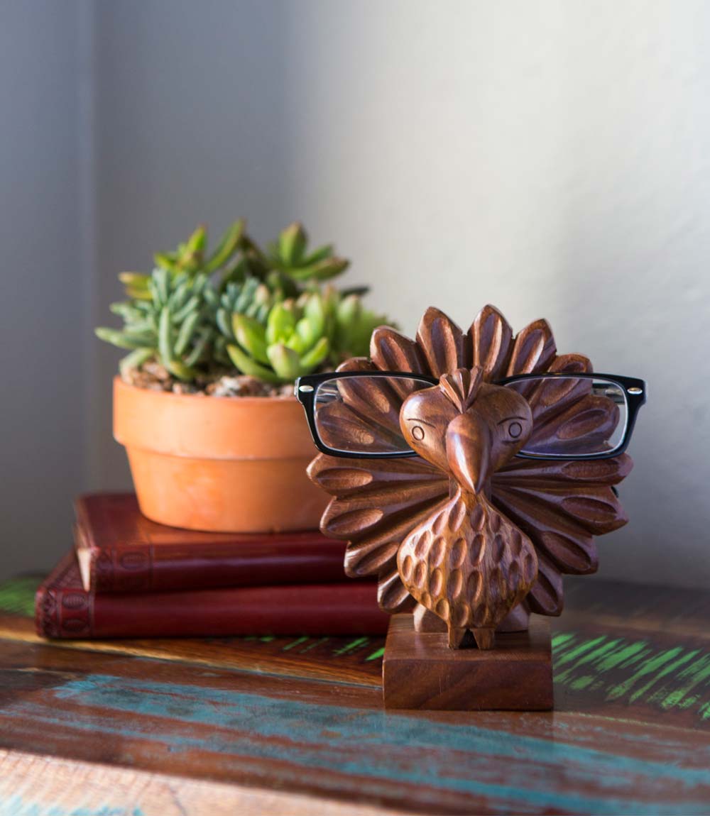 Peacock Glasses Holder Stand - Handcrafted Wood by Matr Boomie - Sumiye Co