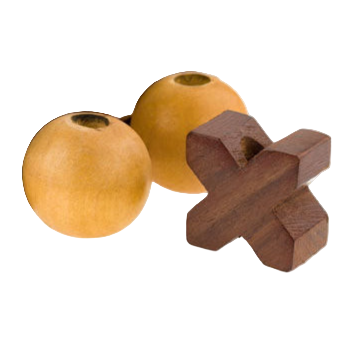 Wooden puzzle piece and spherical wooden objects on a white background