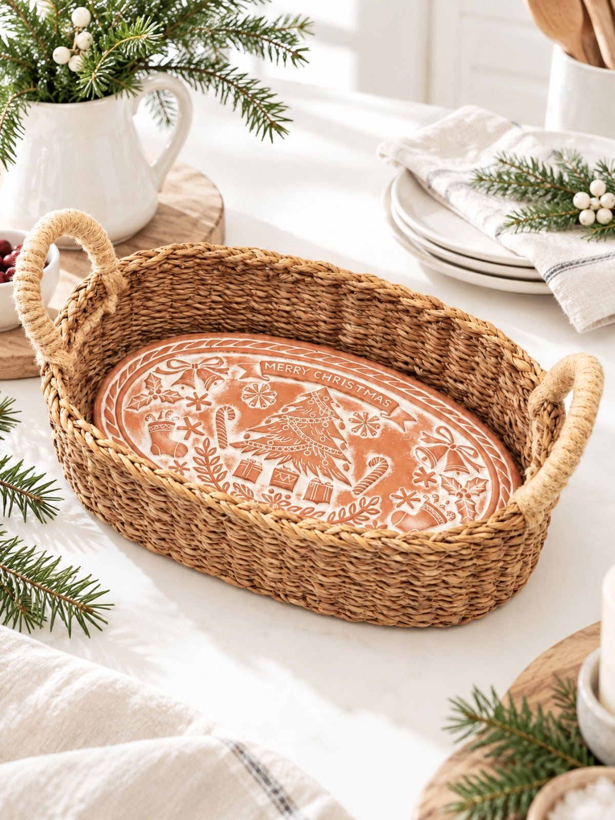 Bread Warmer & Basket Gift Set with Tea Towel - Christmas Oval-4