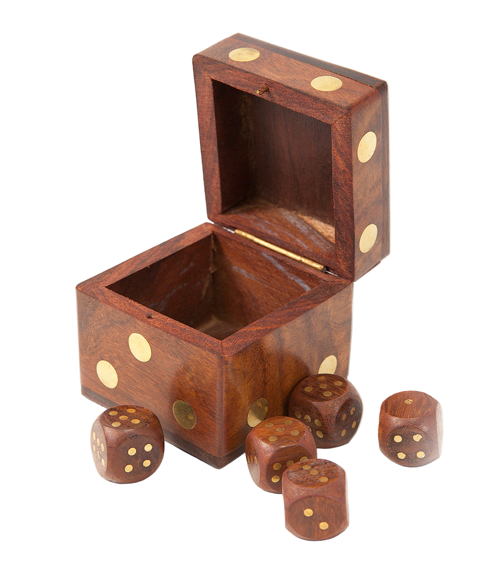 Wooden dice box with five wooden dice on a white background