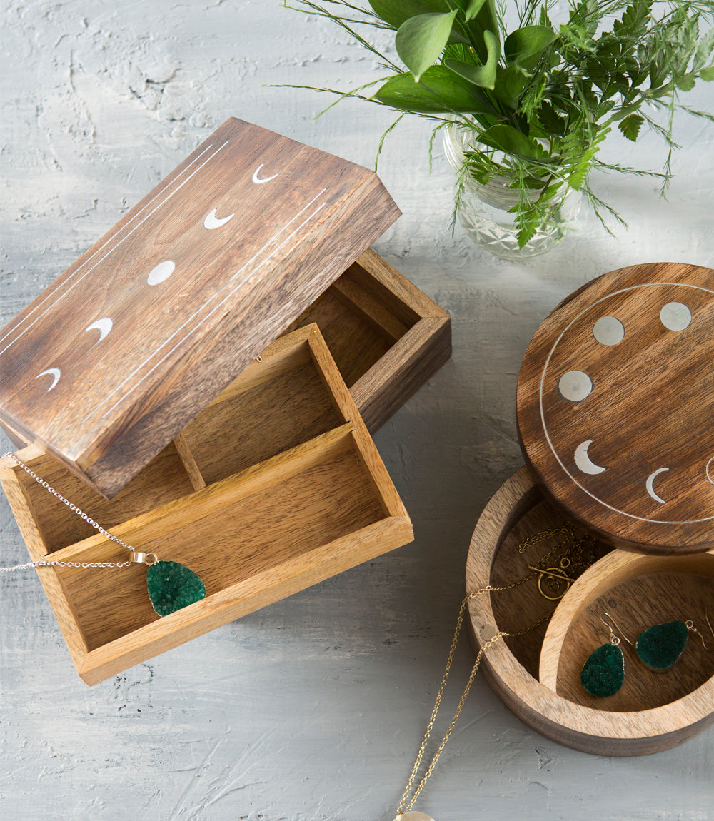 Indukala Moon Phase Jewelry Box With Tray - Wood Brass Inlay by Matr Boomie - Sumiye Co