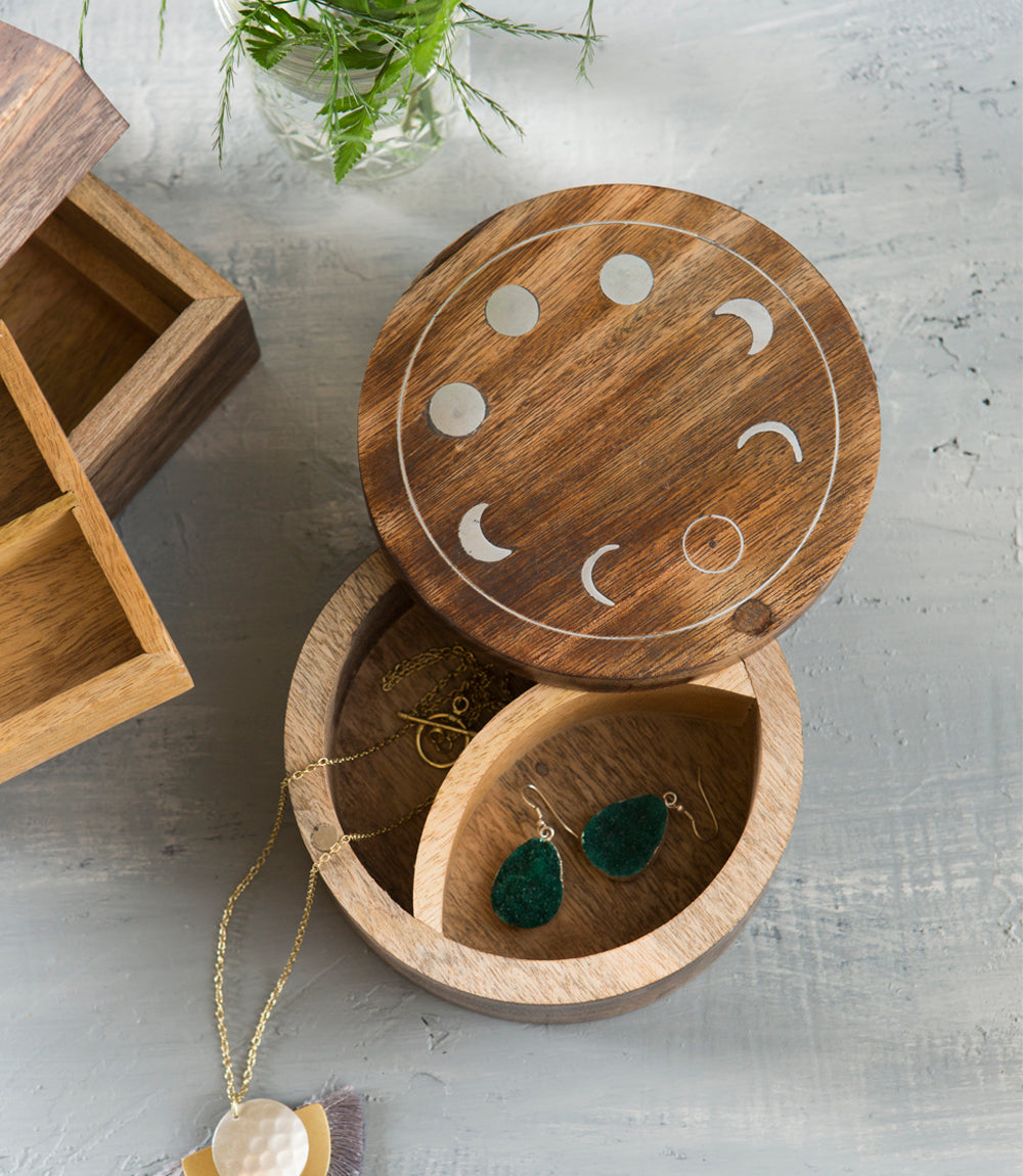 Indukala Moon Phase Round Pivot Box - Handcrafted Mango Wood by Matr Boomie - Sumiye Co