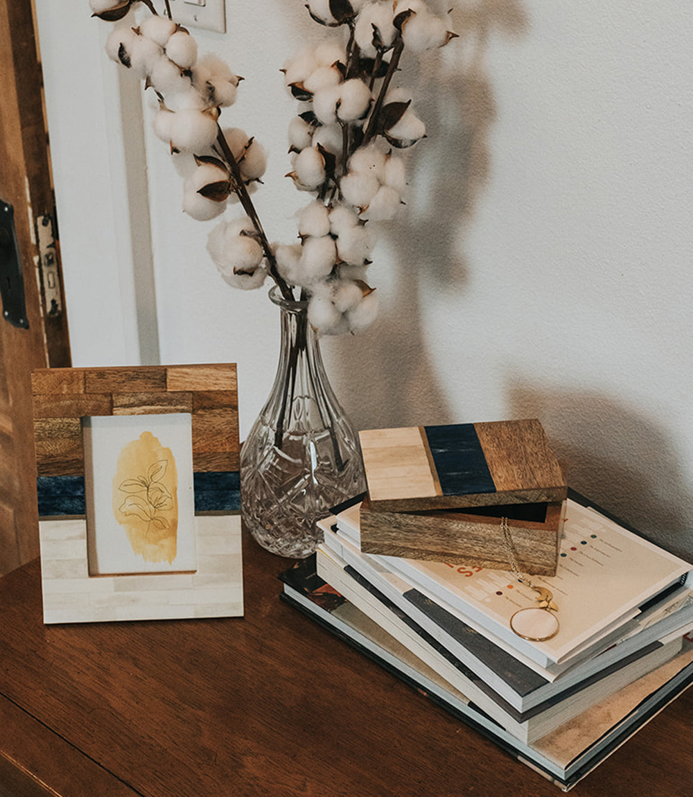 Kaveri 4x6 Natural, Blue, Brown Picture Frame - Carved Bone, Brass, Wood - Sumiye Co