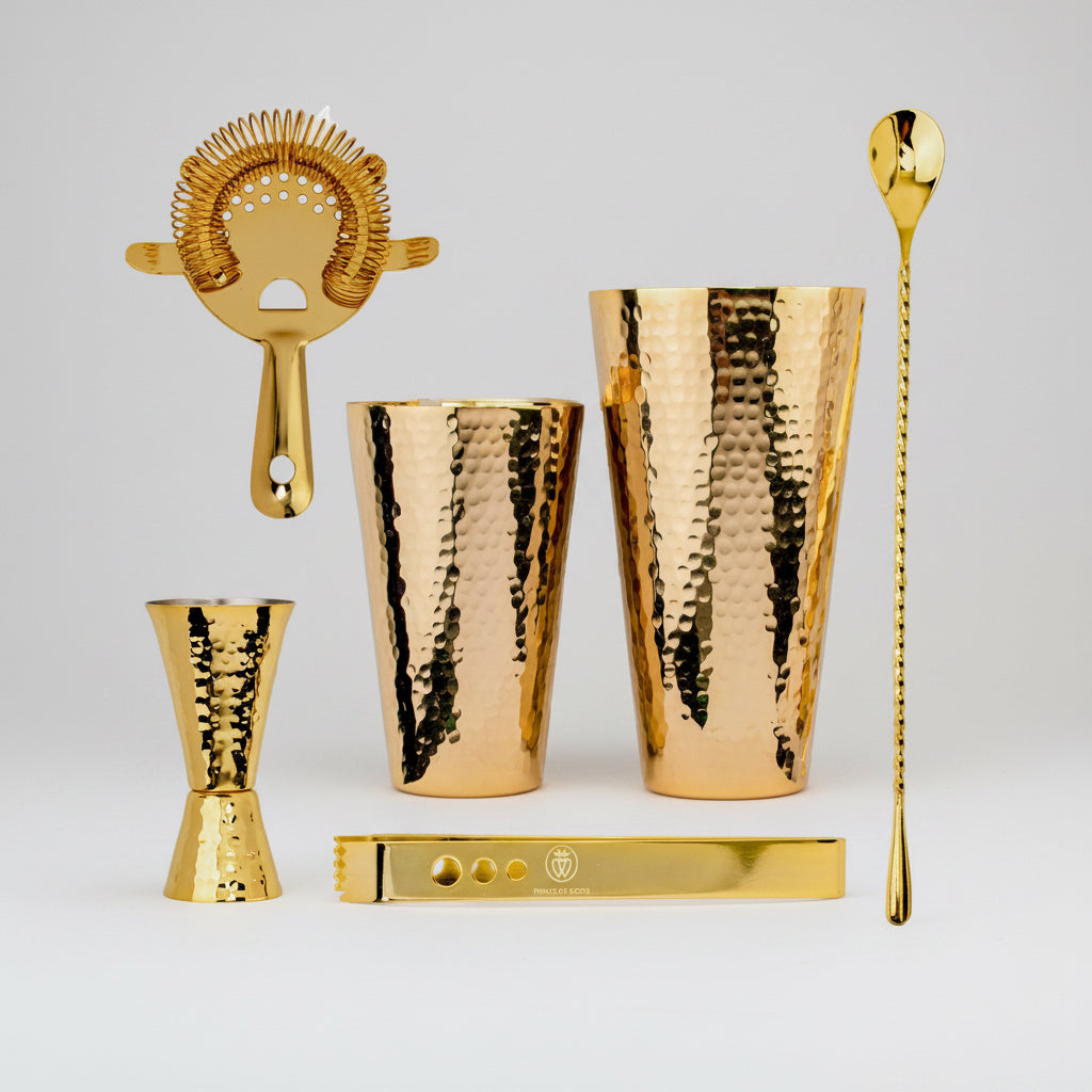 24K Gold Plate Hammered Copper Cocktail Shaker Set - Sumiye Co