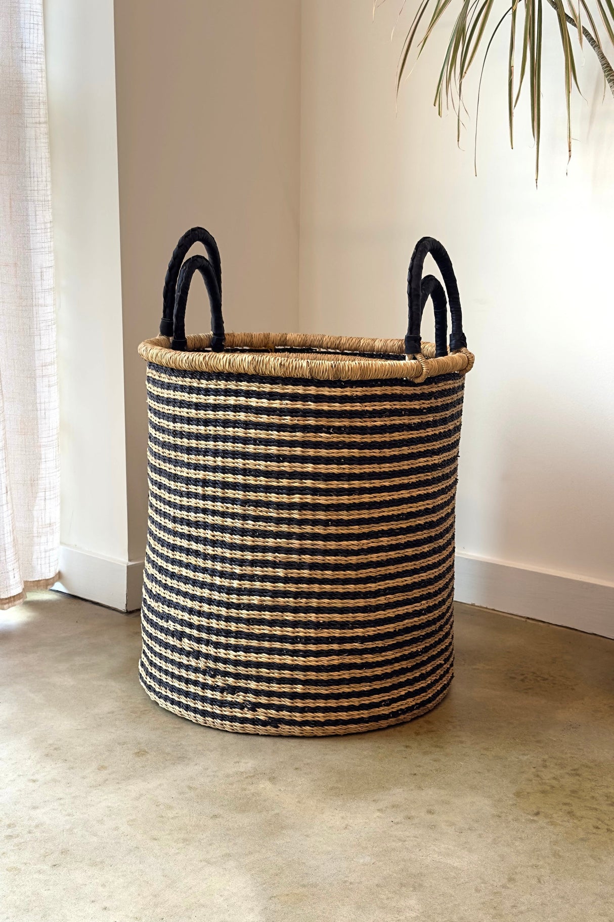 S/2 Handwoven Hamper - Natural with Black Stripes - Sumiye Co