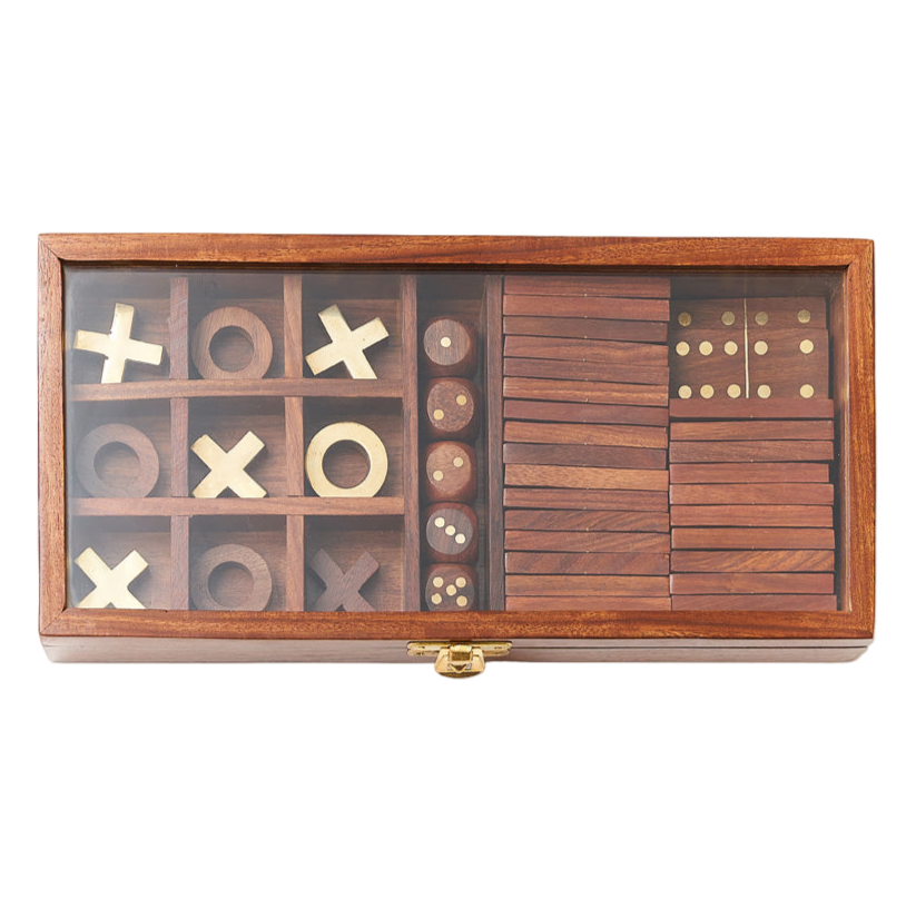 Wooden game set with various pieces and a clear lid on a white background