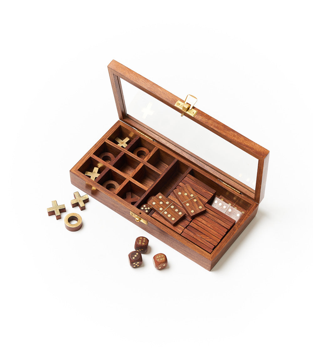 3-in-1 Game Set Dice, Dominoes, Tic Tac Toe - Handcrafted Wood by Matr Boomie - Sumiye Co