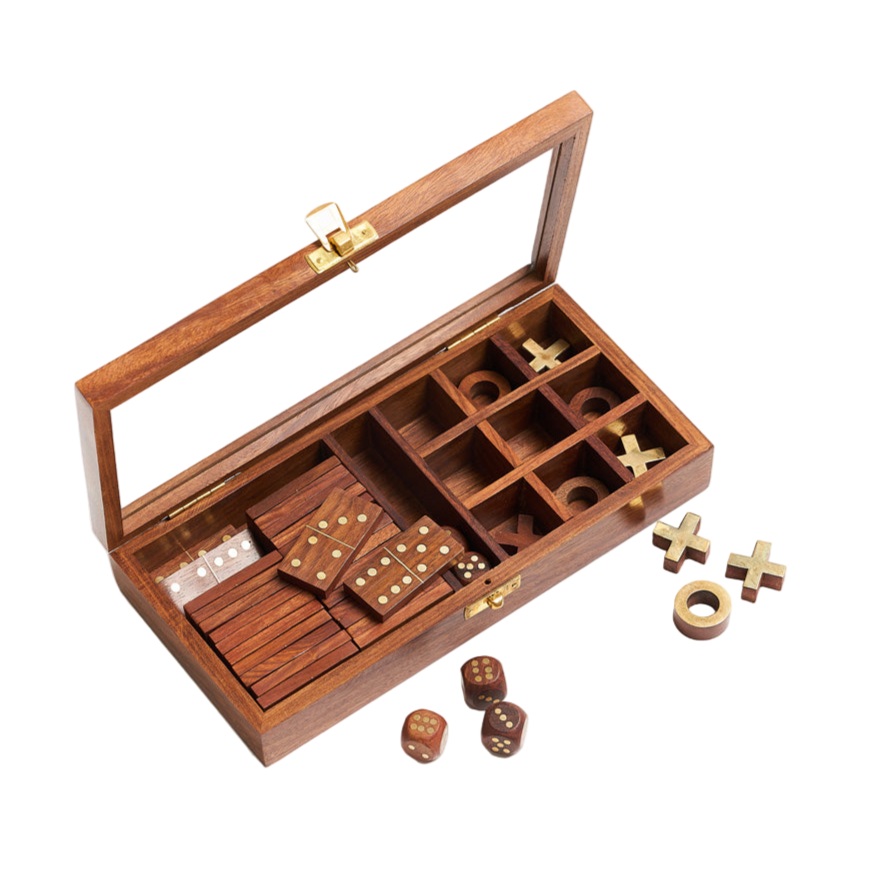 Wooden game set with dice and pieces on a white background