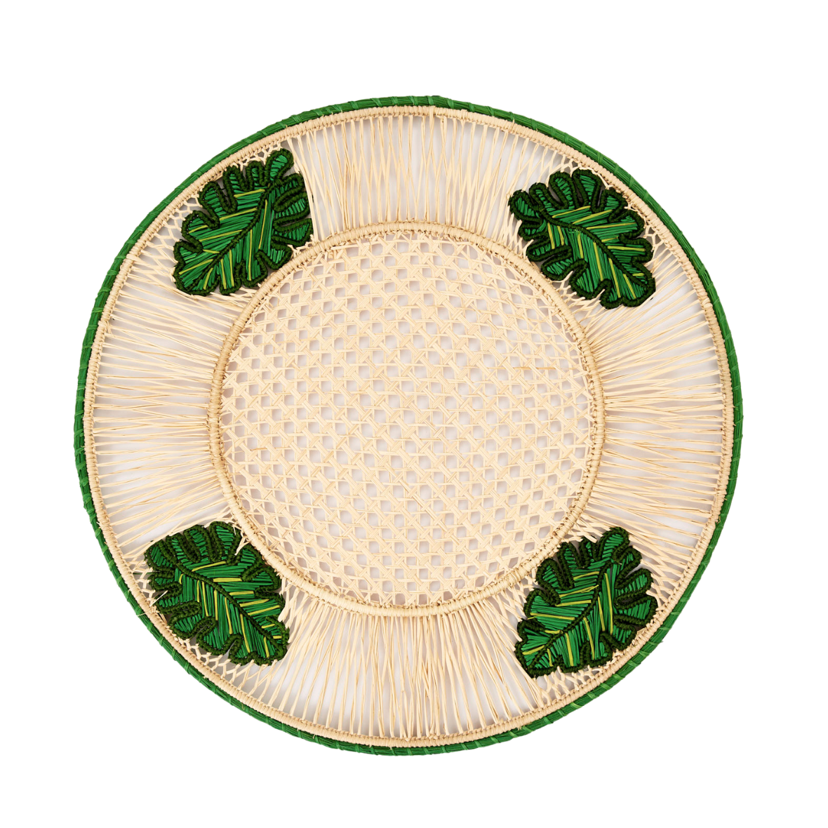 Woven placemat with green leaf decorations on a white background