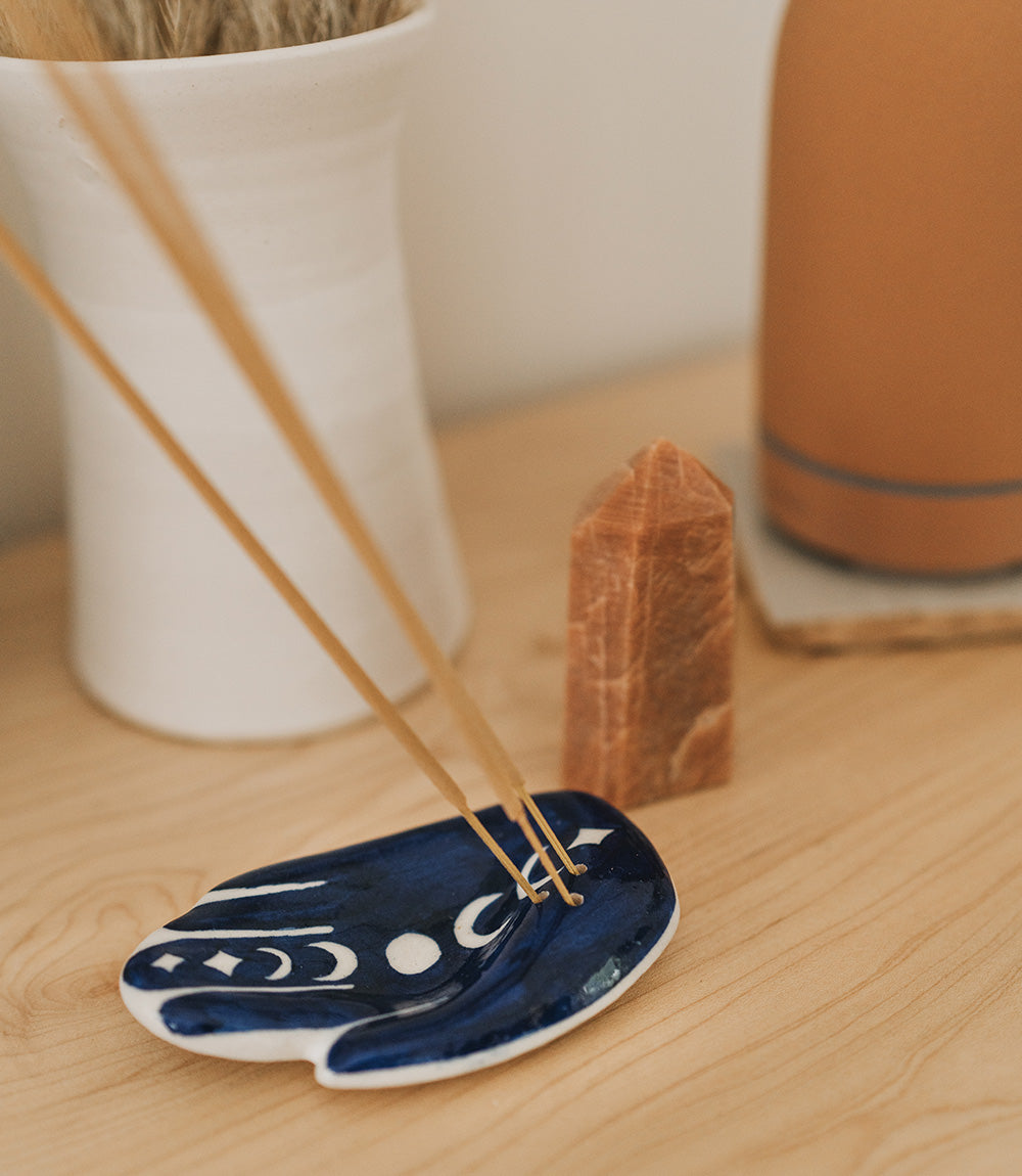 Jalini Hamsa Moon Phase Incense Holder Hand Painted Ceramic by Matr Boomie - Sumiye Co