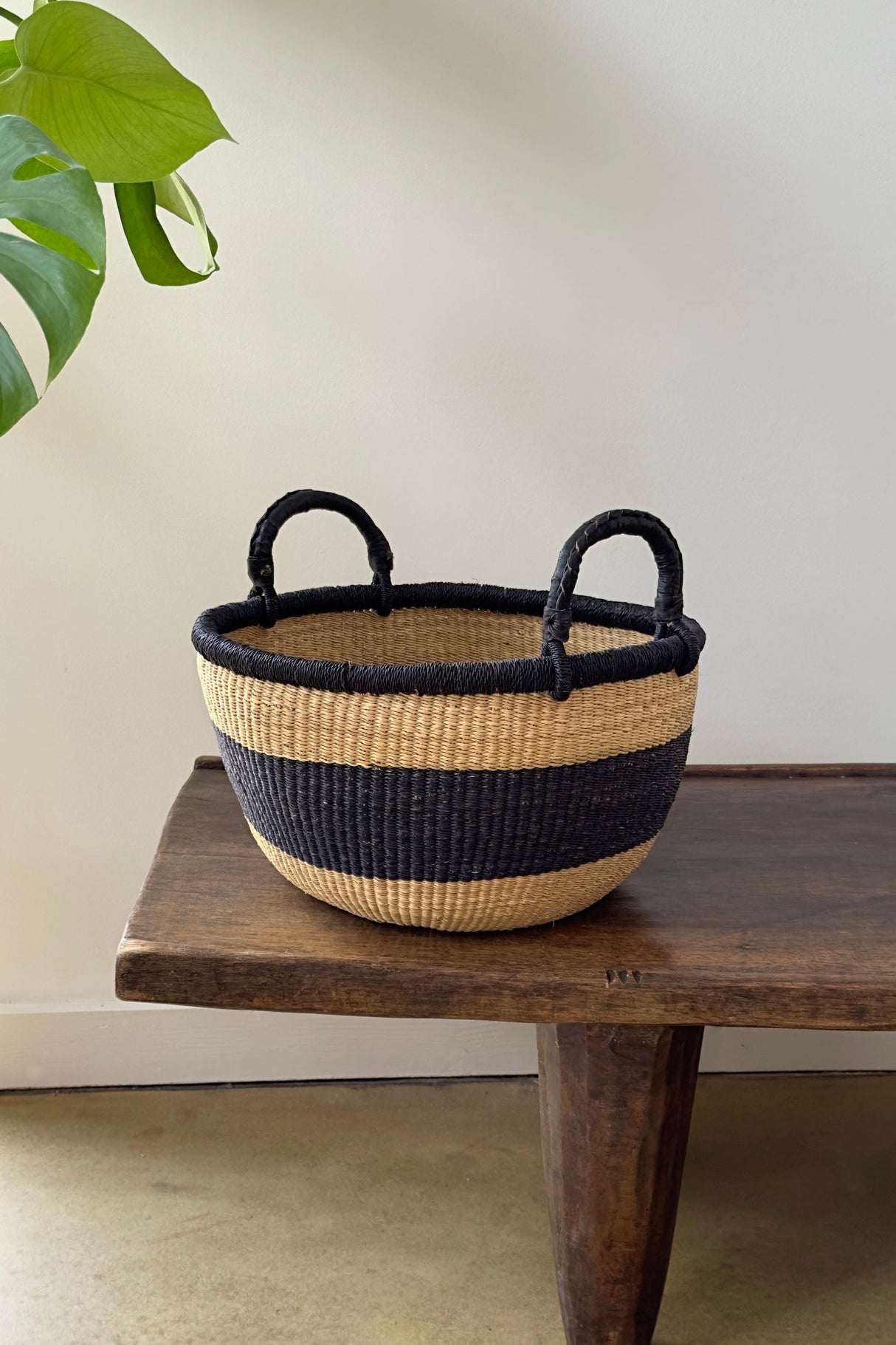 Handwoven Natural & Black Stripe Bolga Basket - Large Round