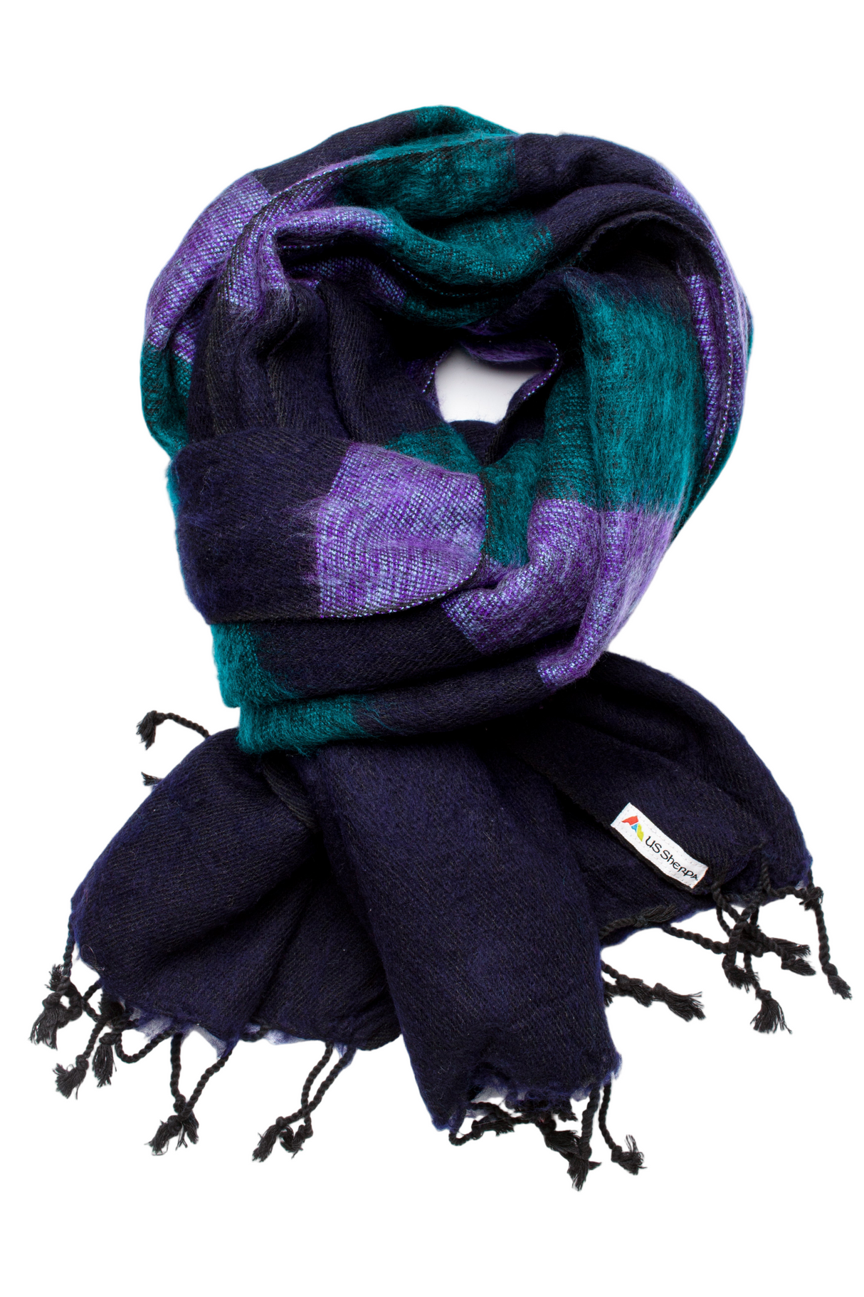 Multicolored scarf with a brand logo on a white background