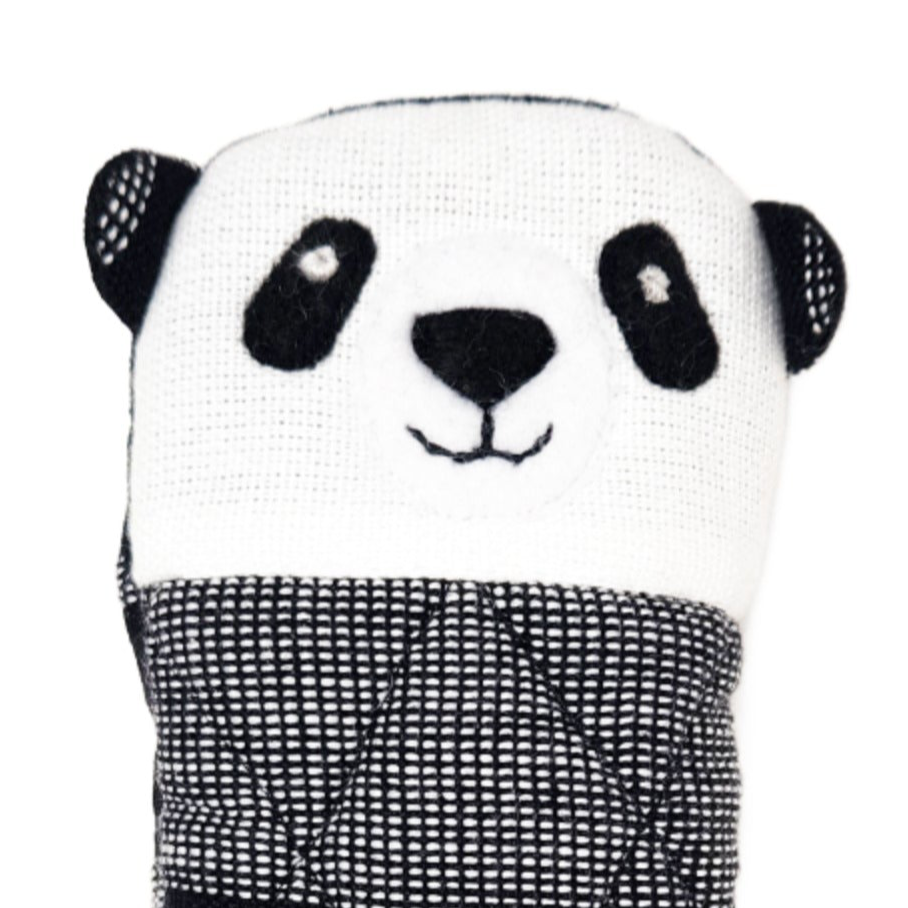 Panda-shaped knitted item with a checkered pattern on a white background