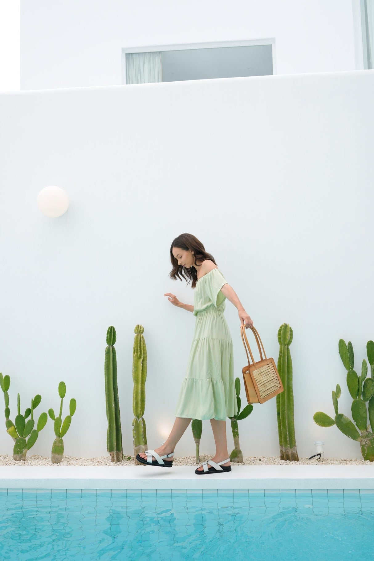 Regina Off-the-shoulder Midi Dress in Pistachio - Sumiye Co