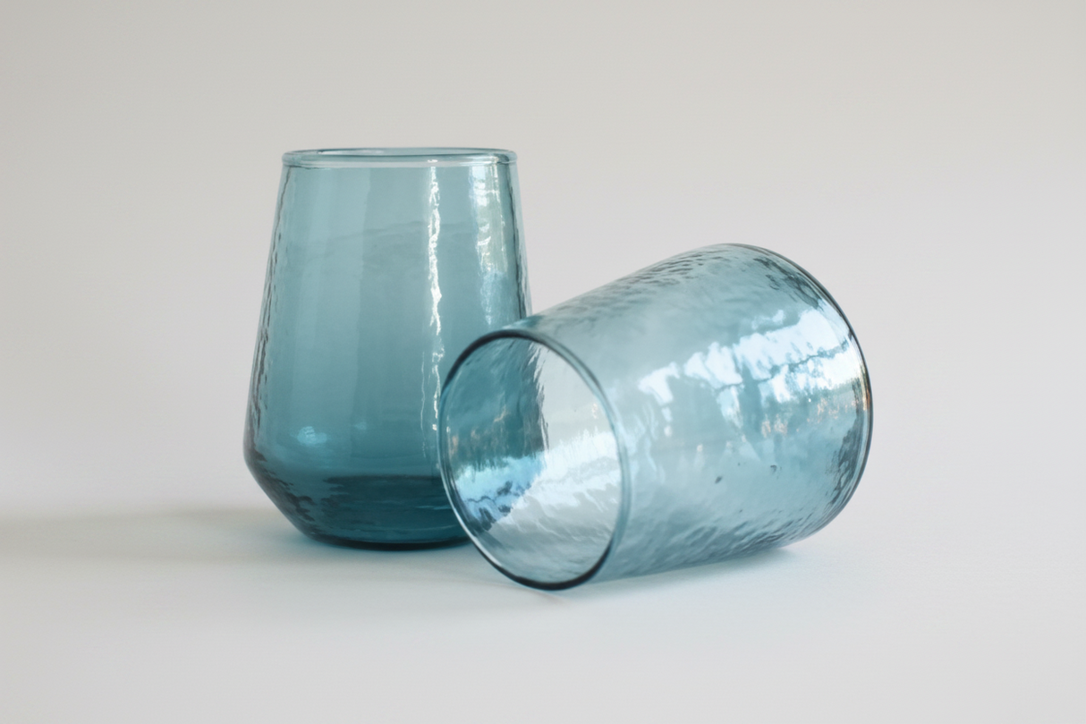 S/4 Handblown Hammered Glass Water Tumbler- Blue - Sumiye Co