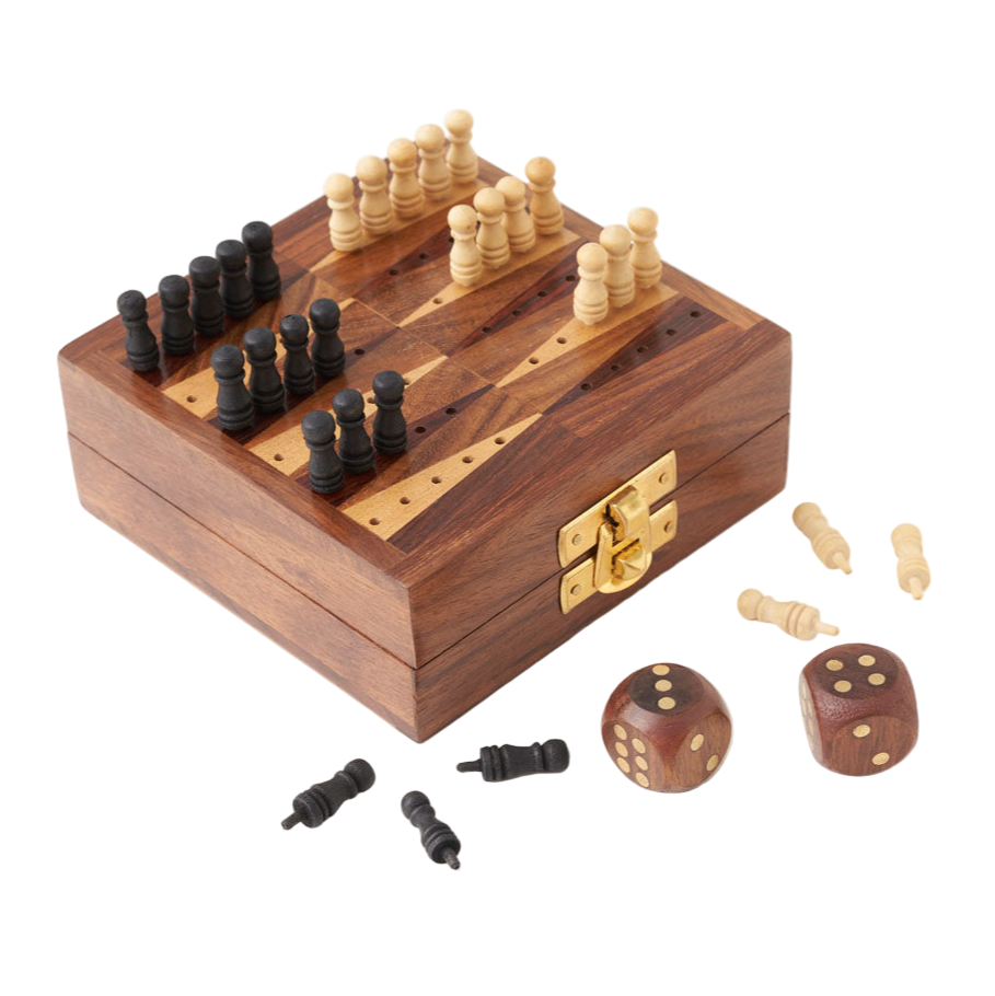 Wooden chess and backgammon set with pieces and dice on a white background