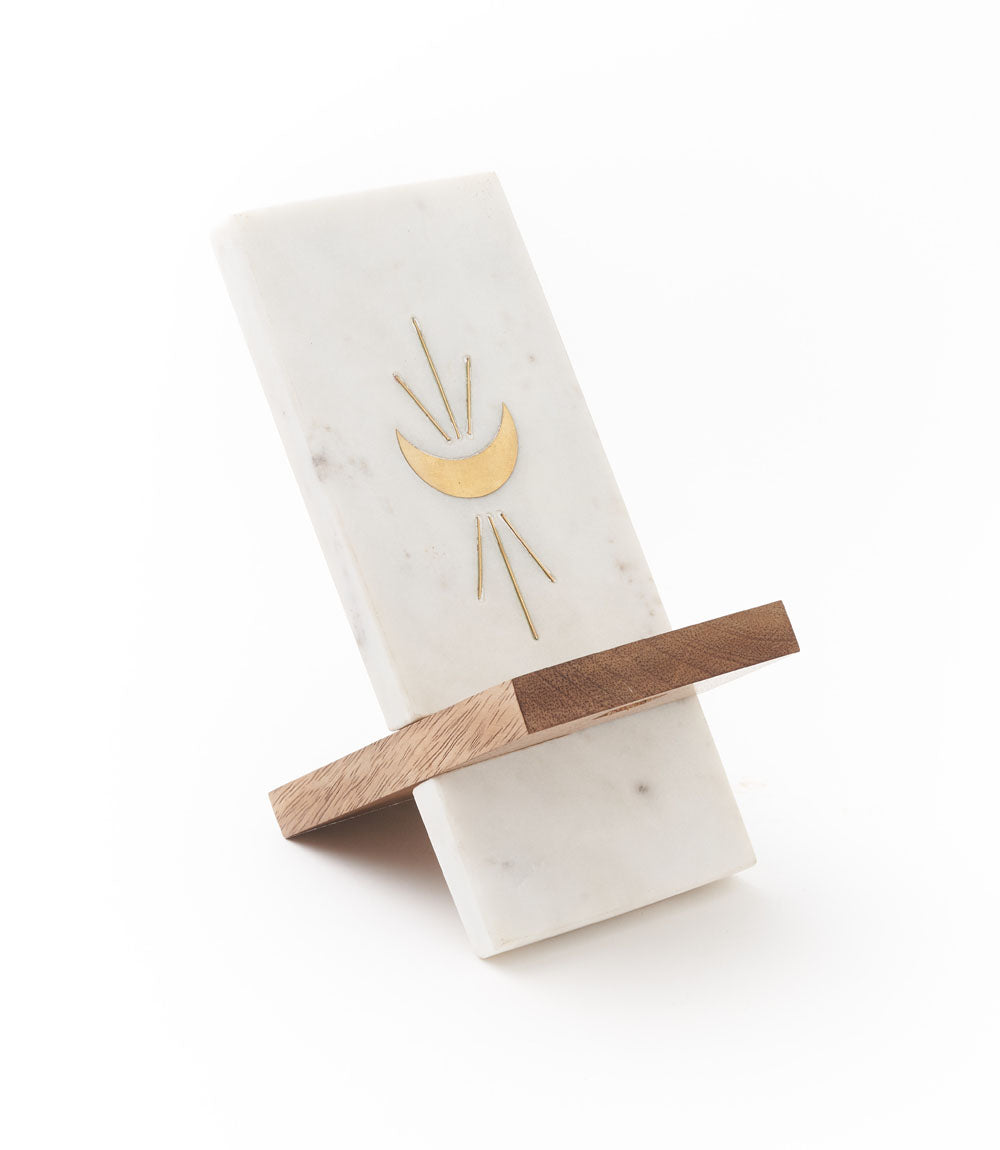 Indukala Moon Phase Phone Stand for Desk - Wood, Marble, Brass by Matr Boomie - Sumiye Co
