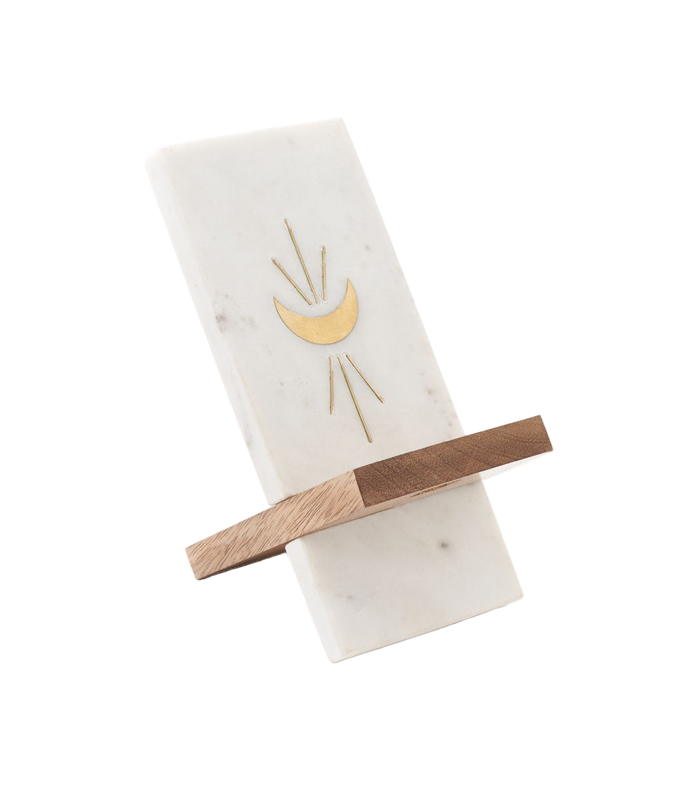 Indukala Moon Phase Phone Stand for Desk - Wood, Marble, Brass - Sumiye Co