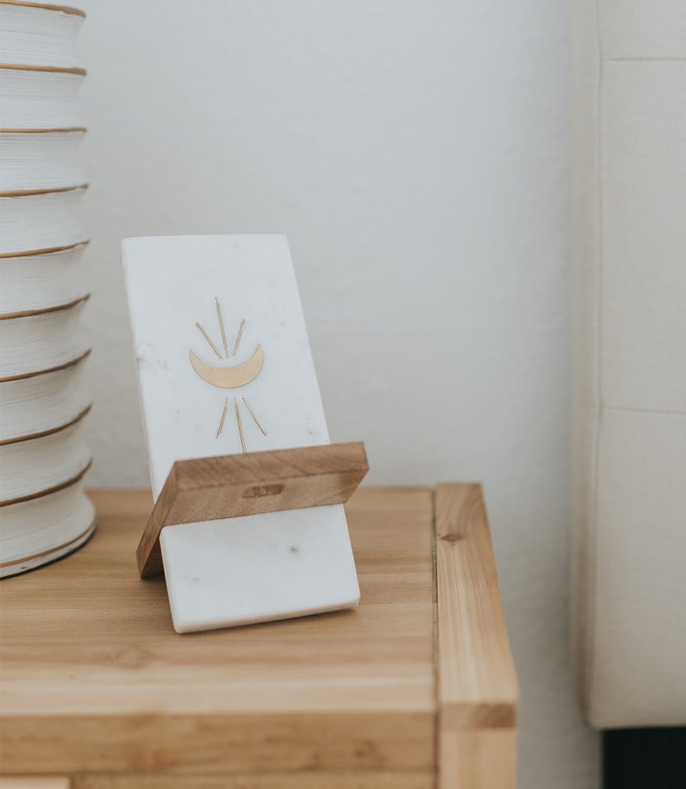 Indukala Moon Phase Phone Stand for Desk - Wood, Marble, Brass by Matr Boomie - Sumiye Co