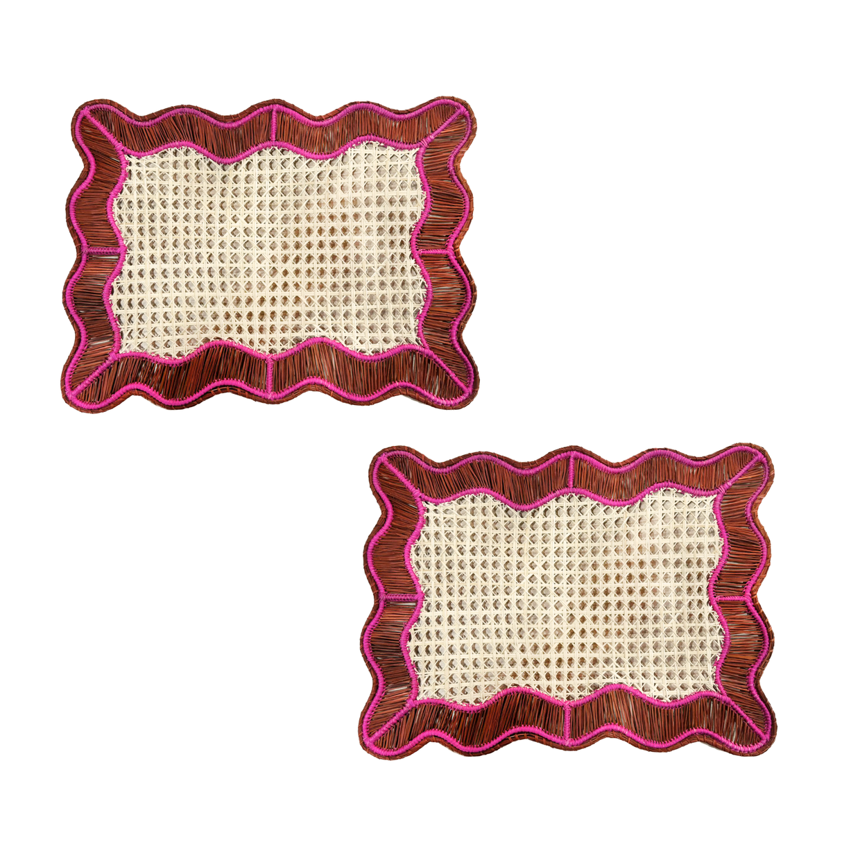 Two woven placemats with pink and brown frames on a white background
