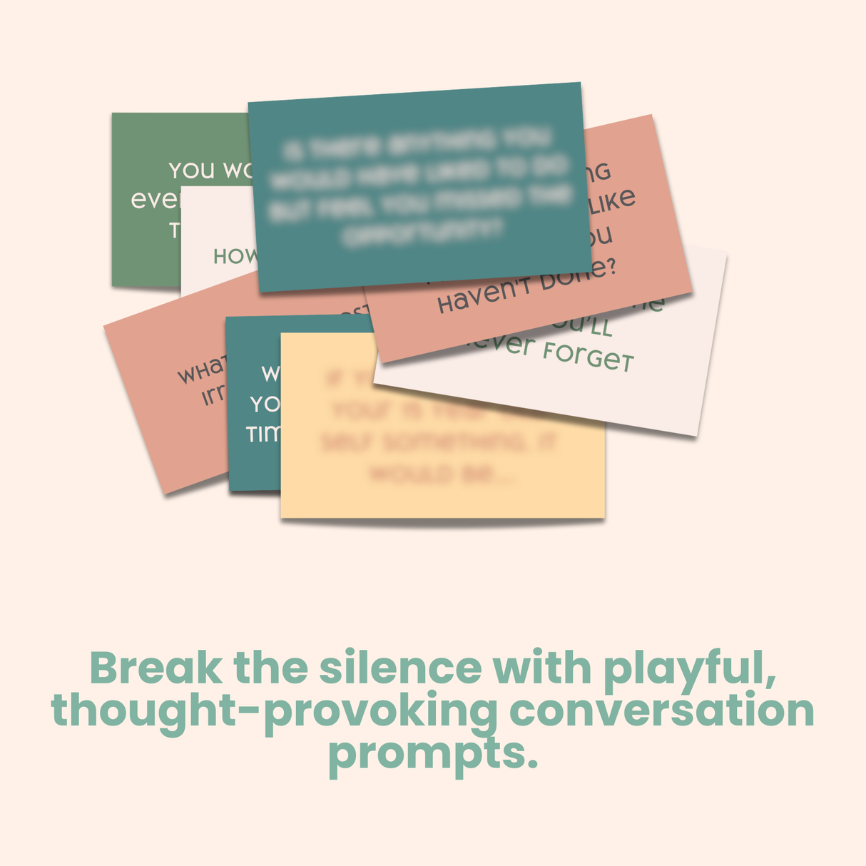 Colorful cards with text prompts on a white background, accompanied by promotional text.