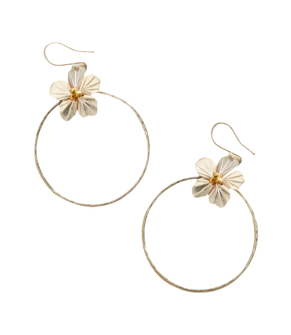 Gold hoop earrings with floral designs on a white background