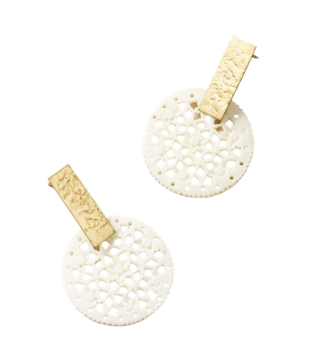 Charu Filigree Bone and Brass Bar Stud Drop Earrings by Matr Boomie - Sumiye Co