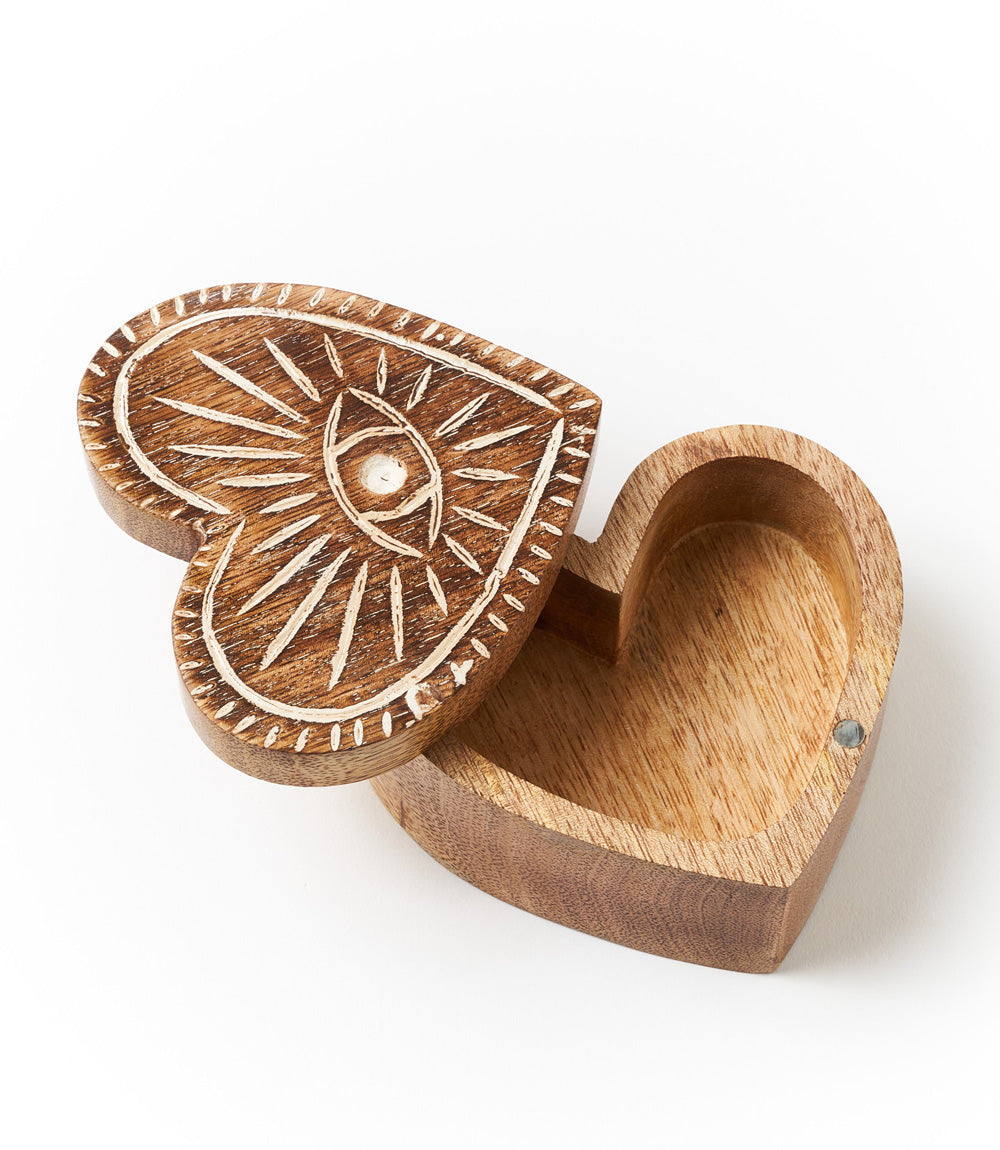 Drishti Evil Eye Heart Box with Swivel Lid - Hand Carved Wood by Matr Boomie - Sumiye Co