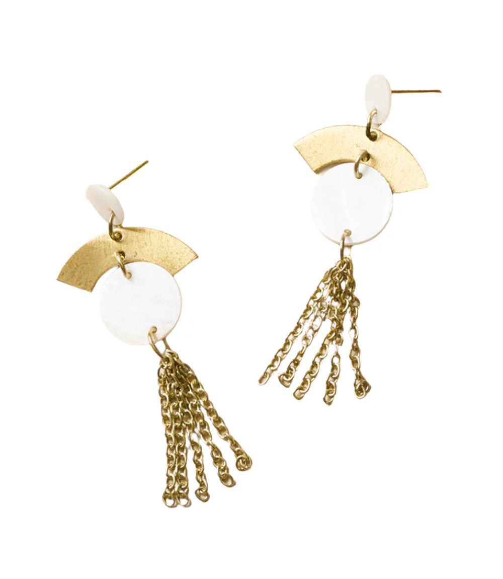 Ishwari Dangle Earrings - Mother of Pearl, Chain Tassel by Matr Boomie - Sumiye Co