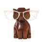 Wooden elephant-shaped glasses holder with a pair of glasses on a white background