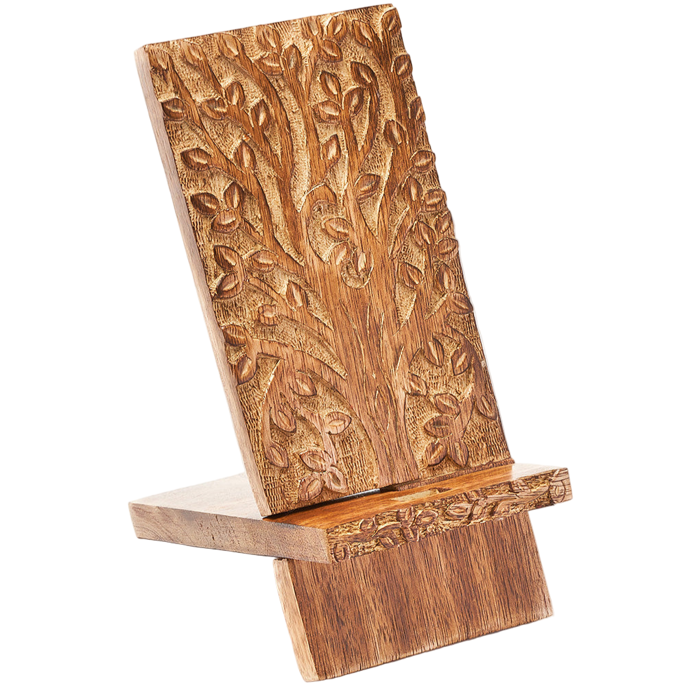 Wooden phone stand with tree carvings on a white background