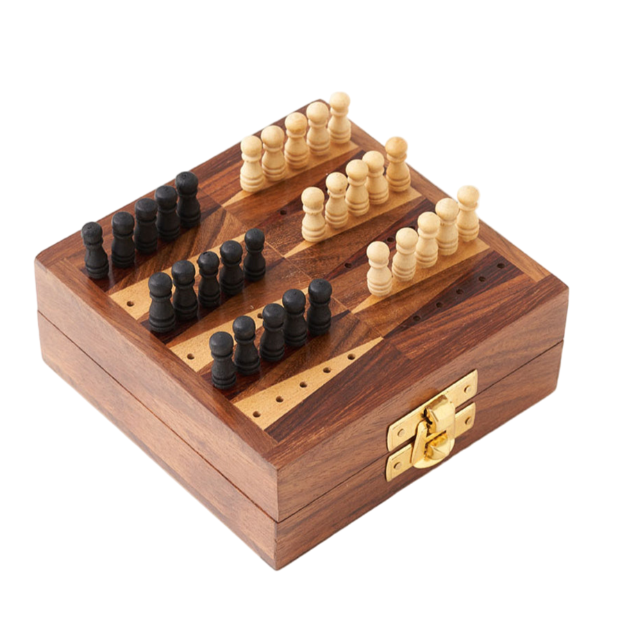 Wooden chess set with pieces on a white background