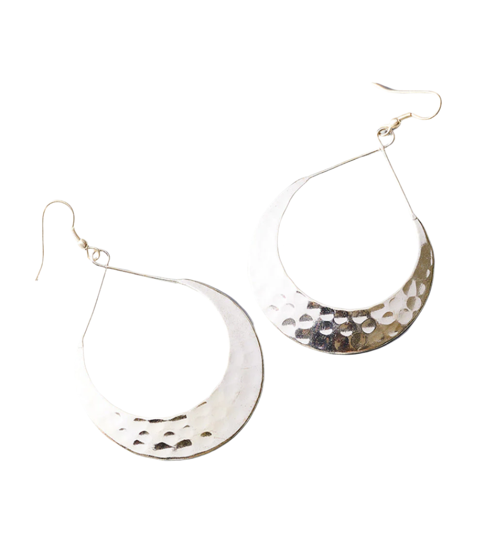 Pair of silver hoop earrings on a white background
