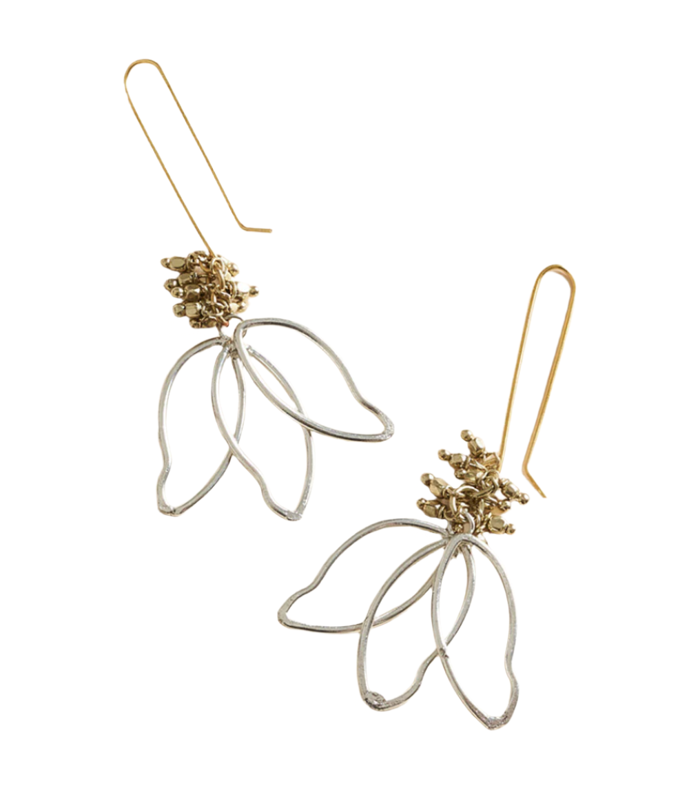 Pair of floral earrings with gold and silver designs on a white background