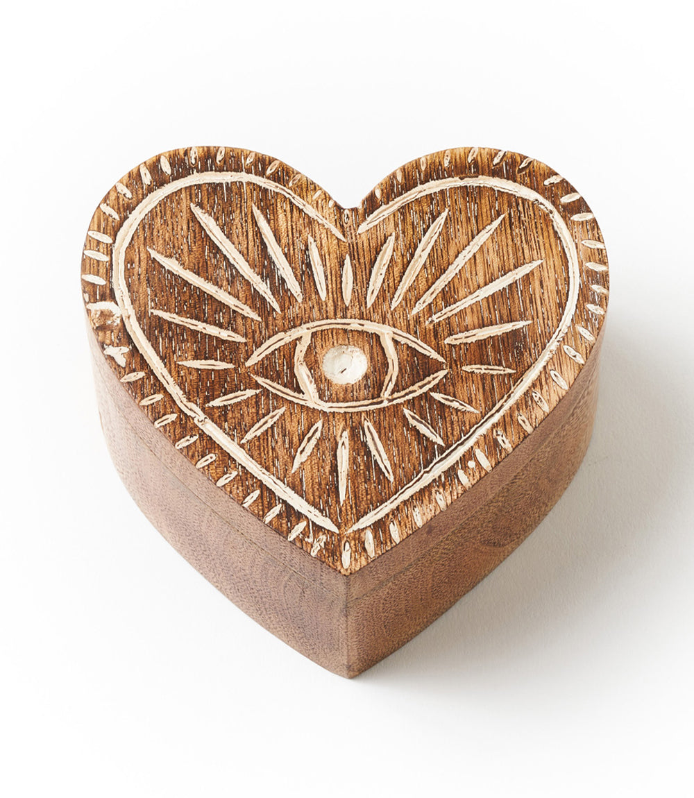 Drishti Evil Eye Heart Box with Swivel Lid - Hand Carved Wood by Matr Boomie - Sumiye Co