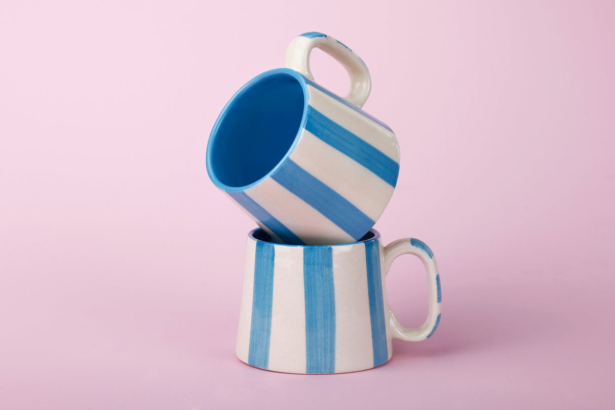 Ceramic Aqua Blue Stripe Coffee cup - 3.5 x 2.5 Inches ( Set of 4 )