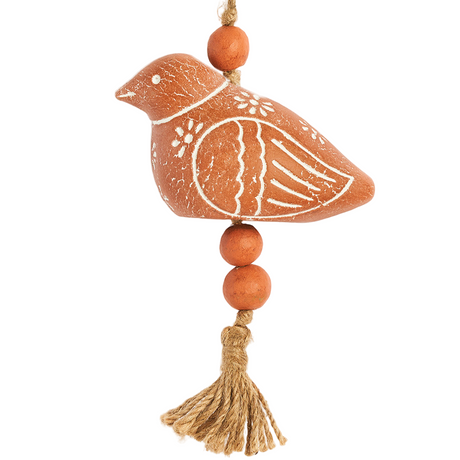 Decorative hanging ornament with bird design on a white background